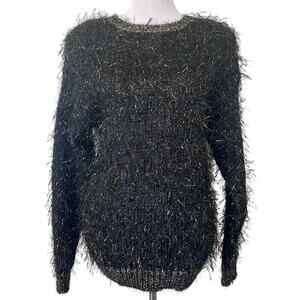 Vintage Lilly of California Eyelash Sweater Black w/ Gold Wool Blend Women’s L